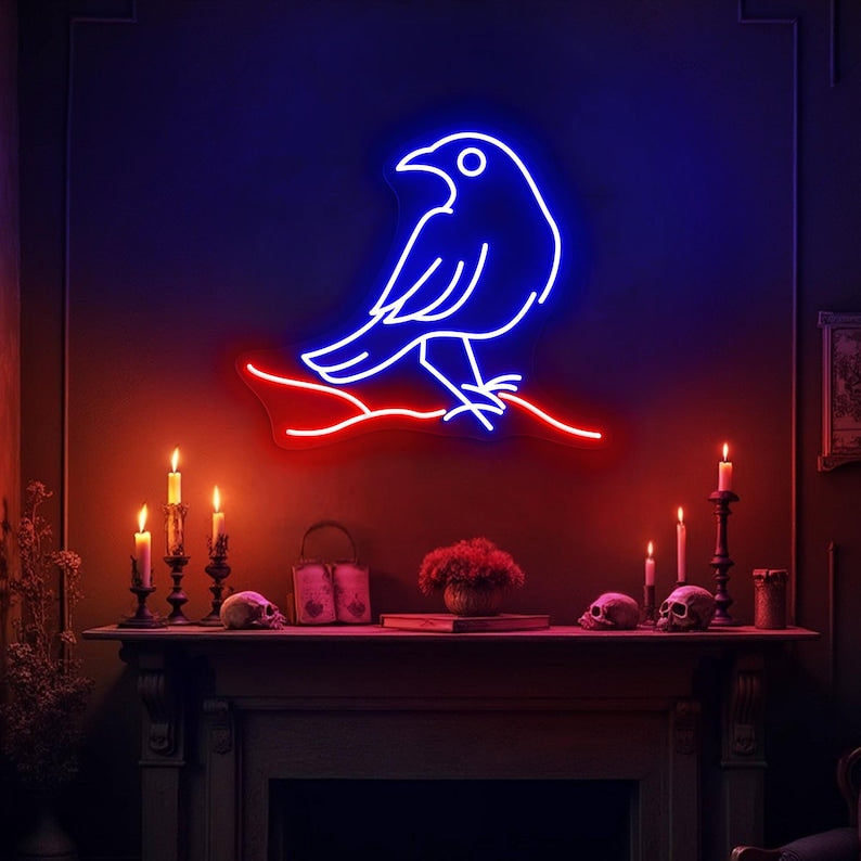 Raven on Branch Neon Sign by Neon.Outshine glowing in neon light – Halloween decoration by Neon.Outshine