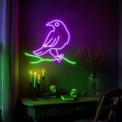 Raven on Branch Neon Sign by Neon.Outshine glowing in neon light – Halloween decoration by Neon.Outshine