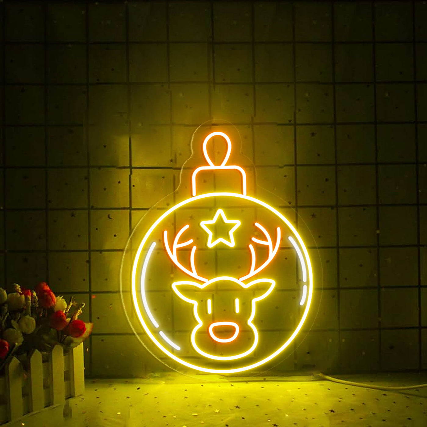 Reindeer Head Bell Neon Sign by Neon.Outshine - festive LED neon light featuring a reindeer silhouette with a glowing bell for holiday décor.