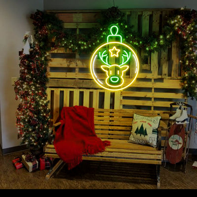 Reindeer Head Bell Neon Sign by Neon.Outshine - festive LED neon light featuring a reindeer silhouette with a glowing bell for holiday décor.