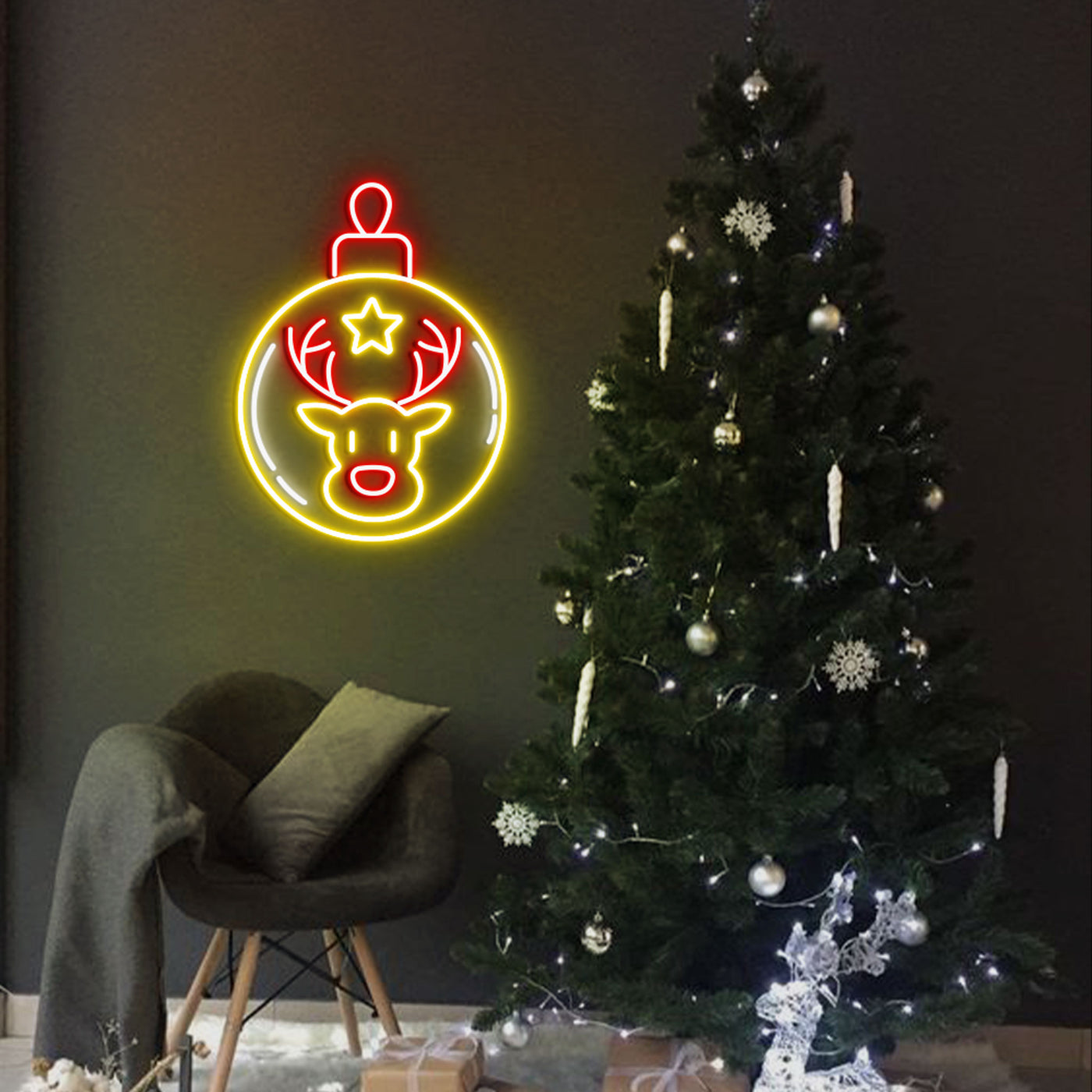 Reindeer Head Bell Neon Sign by Neon.Outshine - festive LED neon light featuring a reindeer silhouette with a glowing bell for holiday décor.
