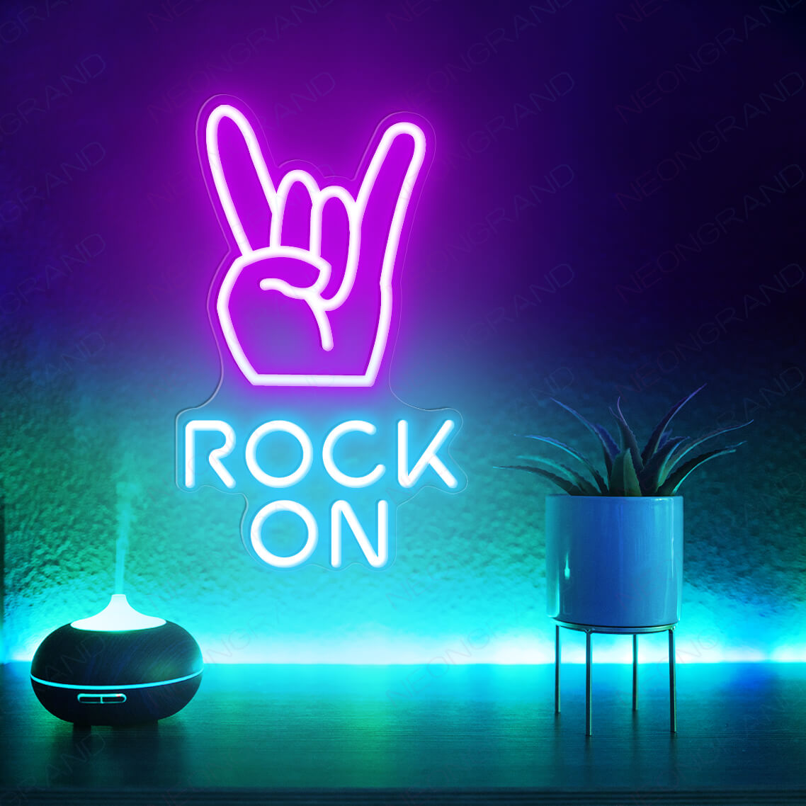 Rock On Neon sign glowing in bold LED, mounted on clear acrylic – high-energy party and music decor by Neon.Outshine