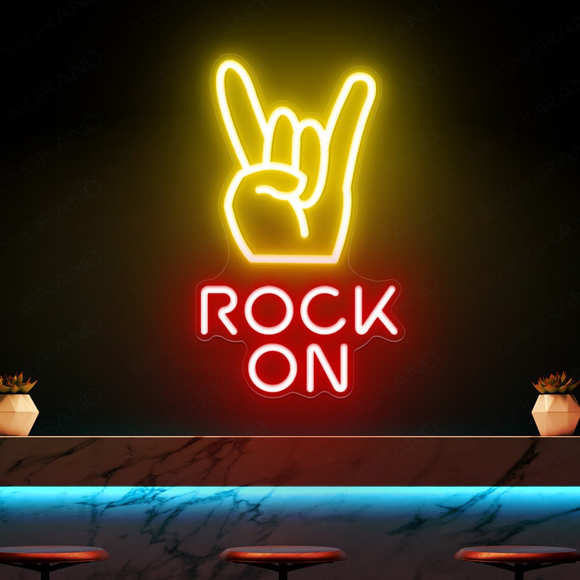 Rock On Neon sign glowing in bold LED, mounted on clear acrylic – high-energy party and music decor by Neon.Outshine