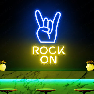 Rock On Neon sign glowing in bold LED, mounted on clear acrylic – high-energy party and music decor by Neon.Outshine