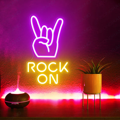 Rock On Neon sign glowing in bold LED, mounted on clear acrylic – high-energy party and music decor by Neon.Outshine