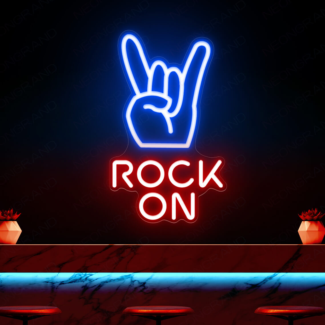 Rock On Neon sign glowing in bold LED, mounted on clear acrylic – high-energy party and music decor by Neon.Outshine