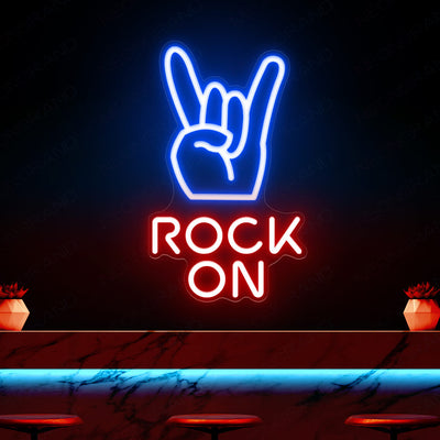 Rock On Neon sign glowing in bold LED, mounted on clear acrylic – high-energy party and music decor by Neon.Outshine