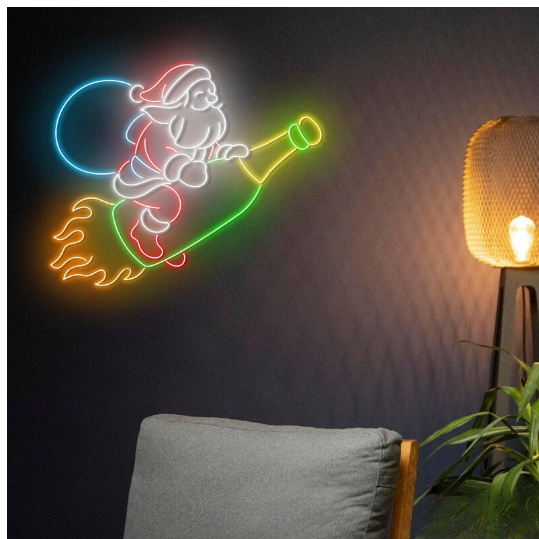 Santa Champagne Neon Sign by Neon.Outshine – festive LED neon light featuring Santa holding a champagne glass for holiday parties and Christmas décor.