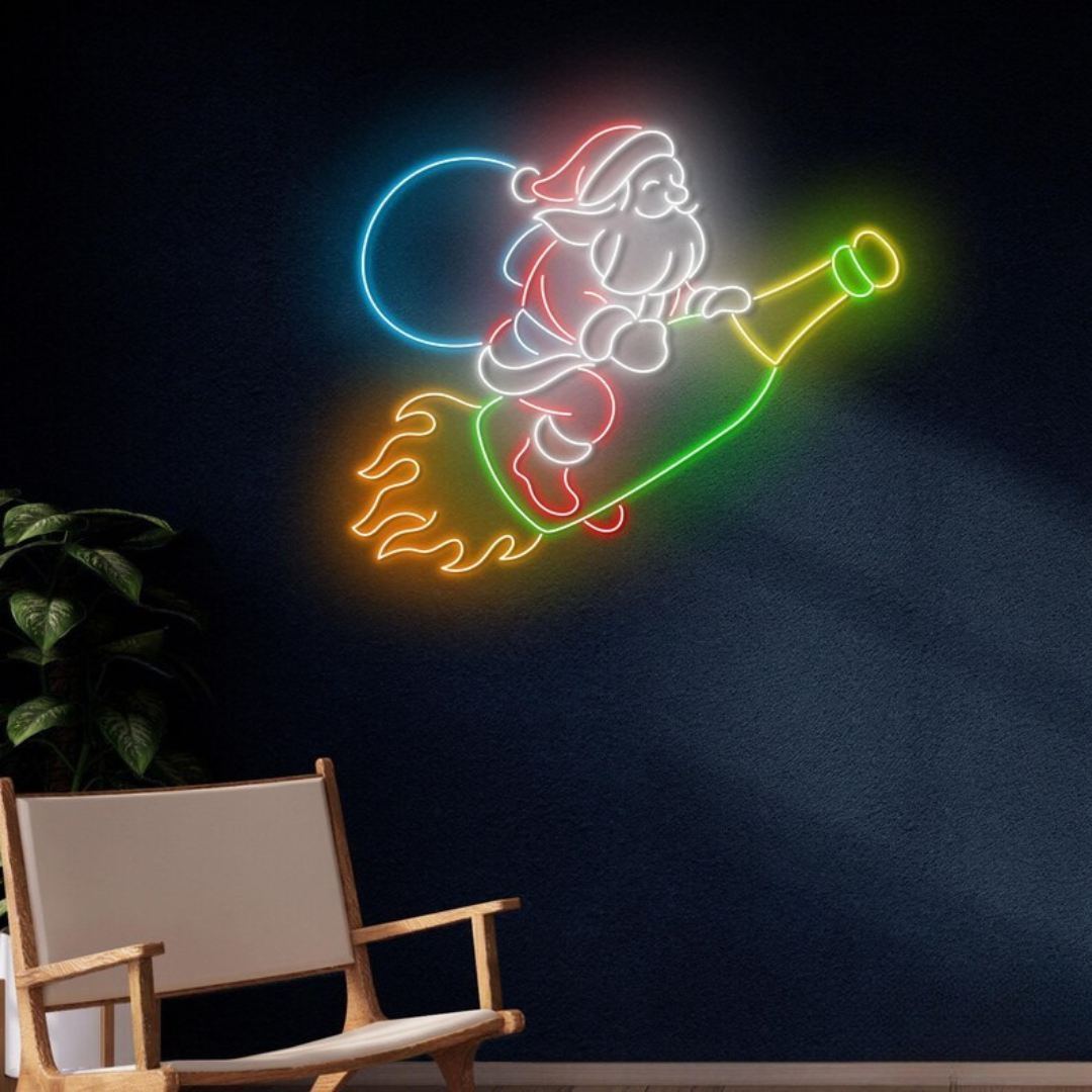 Santa Champagne Neon Sign by Neon.Outshine – festive LED neon light featuring Santa holding a champagne glass for holiday parties and Christmas décor.