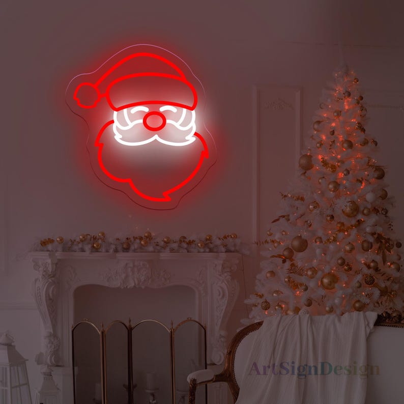Santa Claus Christmas Neon Sign by Neon.Outshine – vibrant LED neon light featuring Santa’s face with his classic red hat for festive Christmas décor.