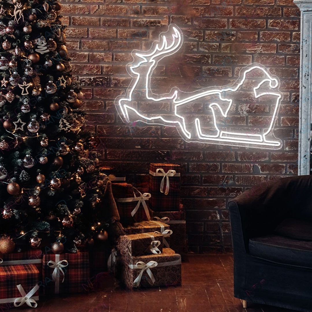Santa Reindeer Christmas Neon Sign by Neon.Outshine featuring Santa and his reindeer glowing in bright festive LED 