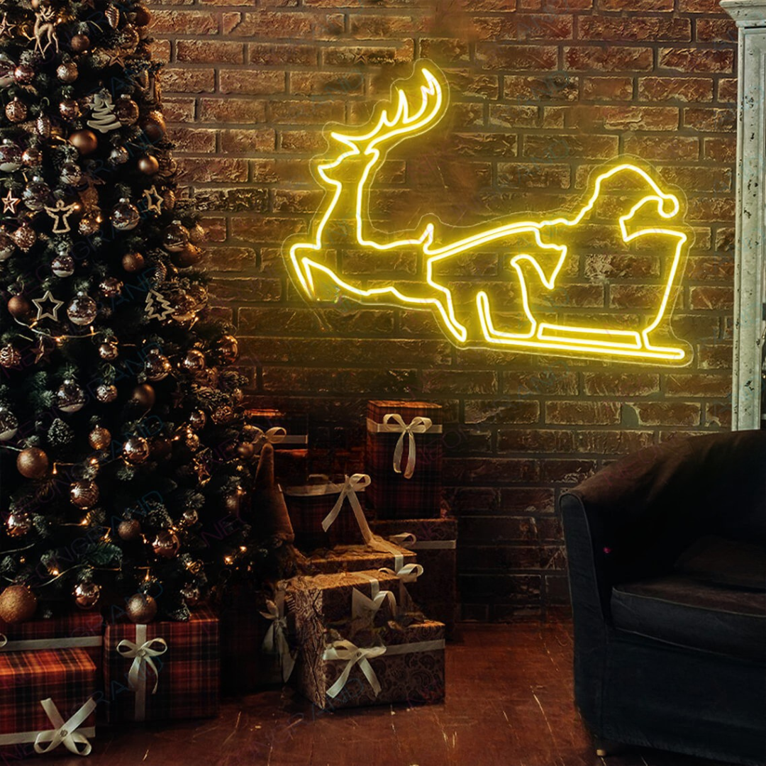Santa Reindeer Christmas Neon Sign by Neon.Outshine featuring Santa and his reindeer glowing in bright festive LED 