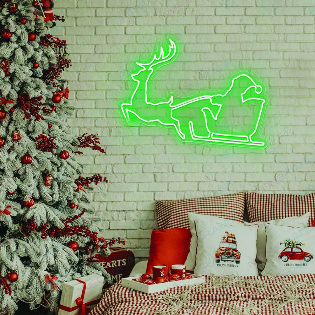 Santa Reindeer Christmas Neon Sign by Neon.Outshine featuring Santa and his reindeer glowing in bright festive LED 