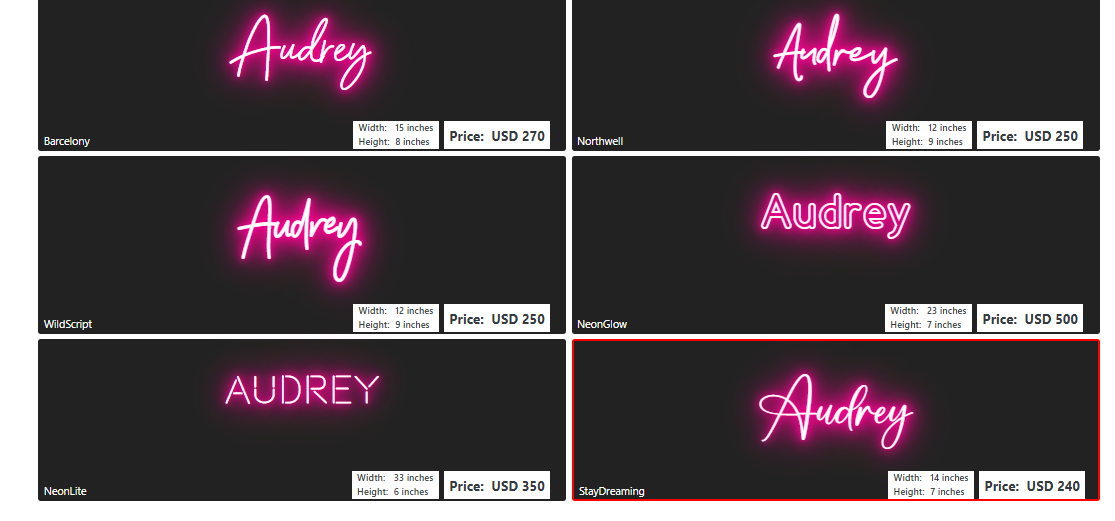 name neon sign for Lacey Rake