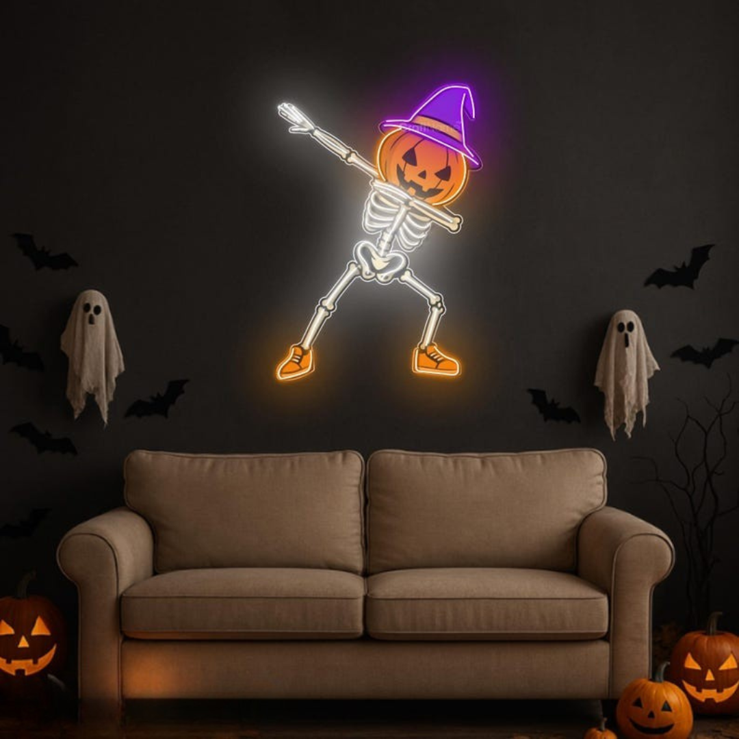 Skeleton Pumpkin Halloween Neon Sign by Neon.Outshine – LED neon sign with grinning skeleton and jack-o'-lantern head in orange, white, and purple