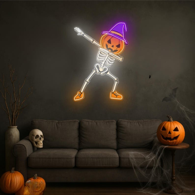 Skeleton Pumpkin Halloween Neon Sign by Neon.Outshine – LED neon sign with grinning skeleton and jack-o'-lantern head in orange, white, and purple
