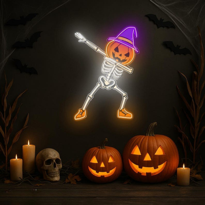 Skeleton Pumpkin Halloween Neon Sign by Neon.Outshine – LED neon sign with grinning skeleton and jack-o'-lantern head in orange, white, and purple