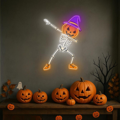 Skeleton Pumpkin Halloween Neon Sign by Neon.Outshine – LED neon sign with grinning skeleton and jack-o'-lantern head in orange, white, and purple