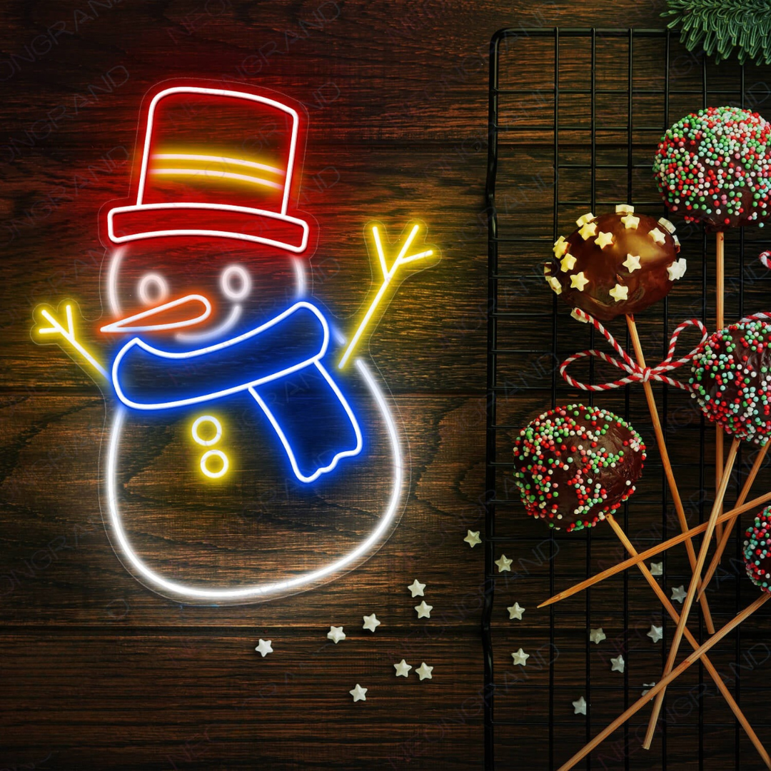 Snowman Christmas Neon Sign by Neon.Outshine – festive LED neon light featuring a smiling snowman with holiday accents for Christmas décor.
