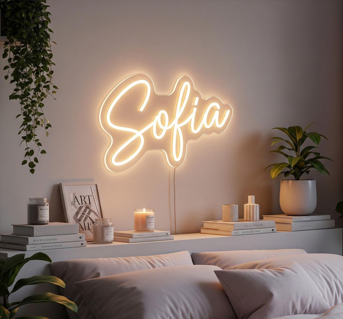 Sofia Name Neon sign by Neon.Outshine - in glowing cursive letters, mounted on clear acrylic and softly lighting a feminine, modern interior.