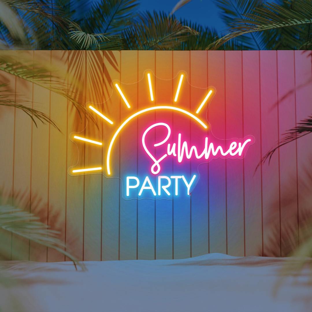 Summer Party Neon Sign by Neon.Outshine in bright yellow, coral pink, and aqua blue with playful, tropical -themed lettering.