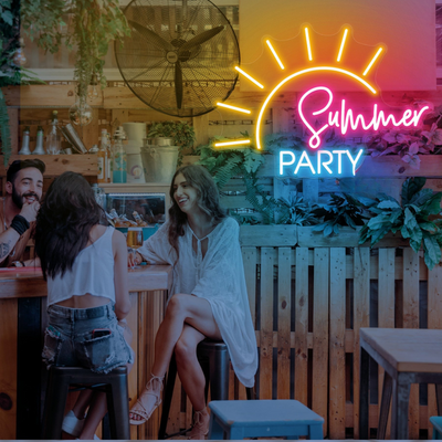 Summer Party Neon Sign by Neon.Outshine in bright yellow, coral pink, and aqua blue with playful, tropical -themed lettering.