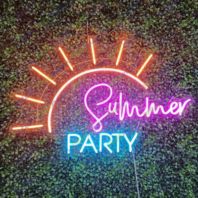 Summer Party Neon Sign by Neon.Outshine in bright yellow, coral pink, and aqua blue with playful, tropical -themed lettering.