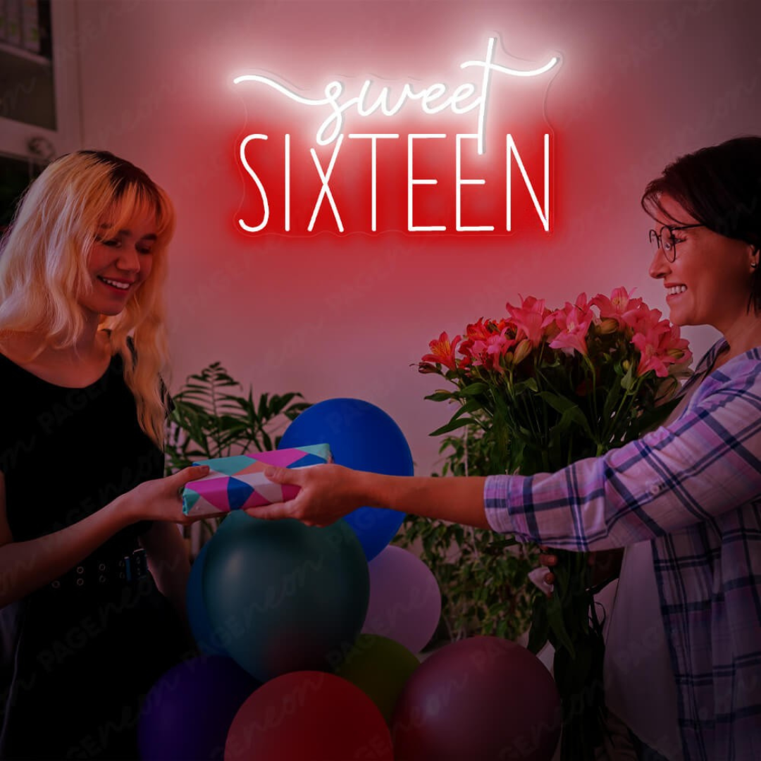 Sweet Sixteen Neon sign in glowing pink LED, mounted on clear acrylic – milestone birthday party decor by Neon.Outshine
