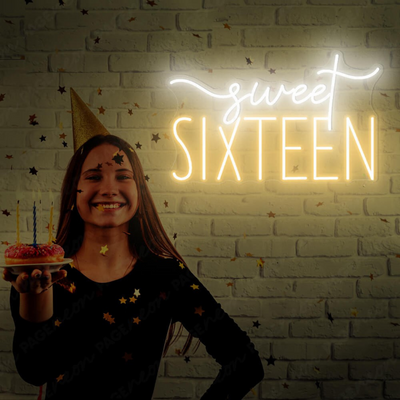  Sweet_Sixteen_Neon_sign in glowing pink LED, mounted on clear acrylic – milestone birthday party decor by Neon.Outshine