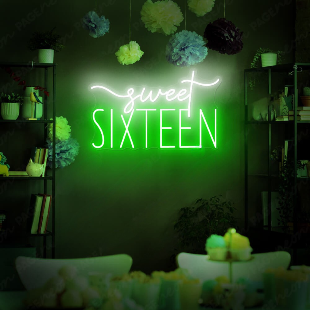 Sweet_Sixteen_Neon_sign in glowing pink LED, mounted on clear acrylic – milestone birthday party decor by Neon.Outshine