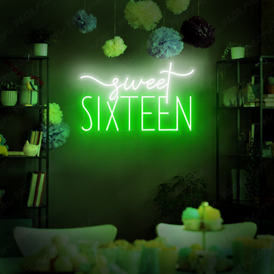 Sweet_Sixteen_Neon_sign in glowing pink LED, mounted on clear acrylic – milestone birthday party decor by Neon.Outshine