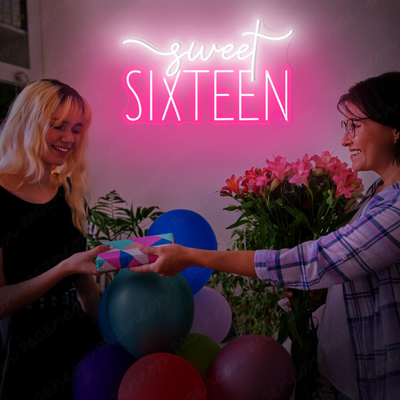 Sweet_Sixteen_Neon_sign in glowing pink LED, mounted on clear acrylic – milestone birthday party decor by Neon.Outshine