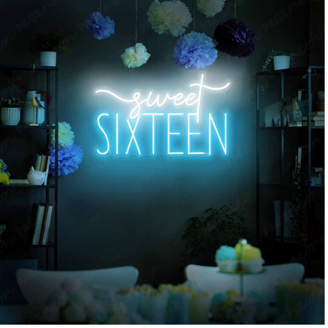 Sweet_Sixteen_Neon_sign in glowing pink LED, mounted on clear acrylic – milestone birthday party decor by Neon.Outshine