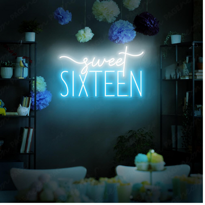 Sweet_Sixteen_Neon_sign in glowing pink LED, mounted on clear acrylic – milestone birthday party decor by Neon.Outshine