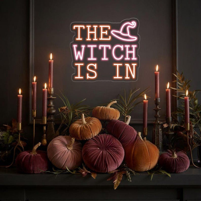 The Witch Is In LED Halloween neon sign by Neon.Outshine, glowing in bright colors 