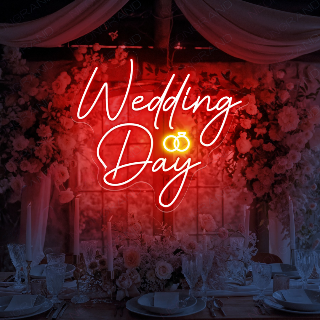 Wedding Day Neon Sign by Neon.Outshine glowing beautifully at a romantic wedding backdrop.