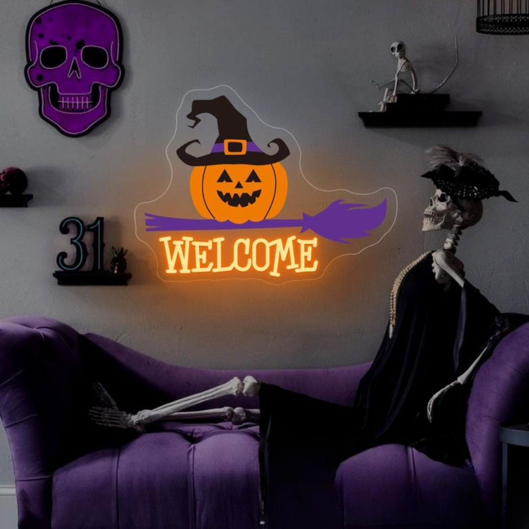 Welcome Halloween LED neon sign glowing in vibrant Halloween colors  – Neon.Outshine