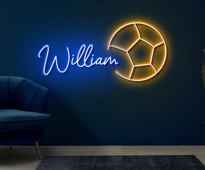 William Name Neon sign by Neon.Outshine - mounted on a clear acrylic panel and lighting up a stylish room interior.