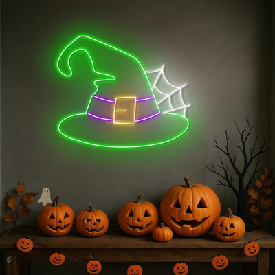 Witch Hat Halloween Neon Sign by Neon.Outshine glowing LED festive wall décor for Halloween parties, bars, photo booths, and seasonal home setups.