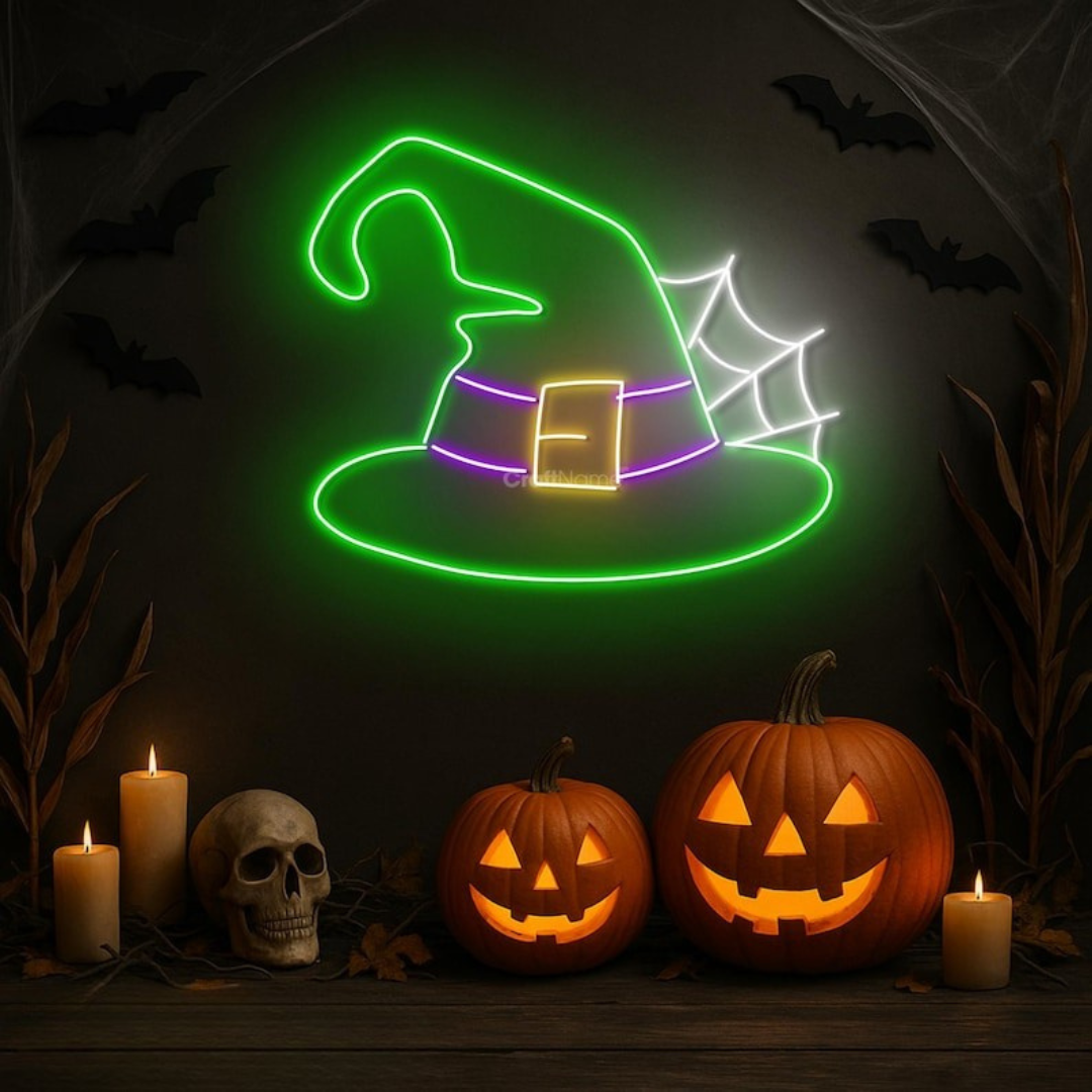 Witch Hat Halloween Neon Sign by Neon.Outshine glowing LED festive wall décor for Halloween parties, bars, photo booths, and seasonal home setups.