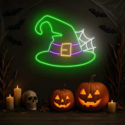 Witch Hat Halloween Neon Sign by Neon.Outshine glowing LED festive wall décor for Halloween parties, bars, photo booths, and seasonal home setups.