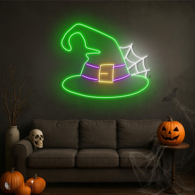 Witch Hat Halloween Neon Sign by Neon.Outshine glowing LED festive wall décor for Halloween parties, bars, photo booths, and seasonal home setups.