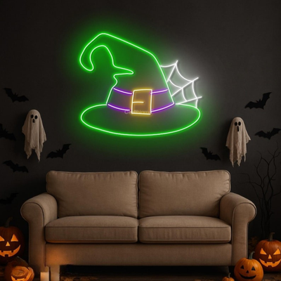 Witch Hat Halloween Neon Sign by Neon.Outshine glowing LED festive wall décor for Halloween parties, bars, photo booths, and seasonal home setups.